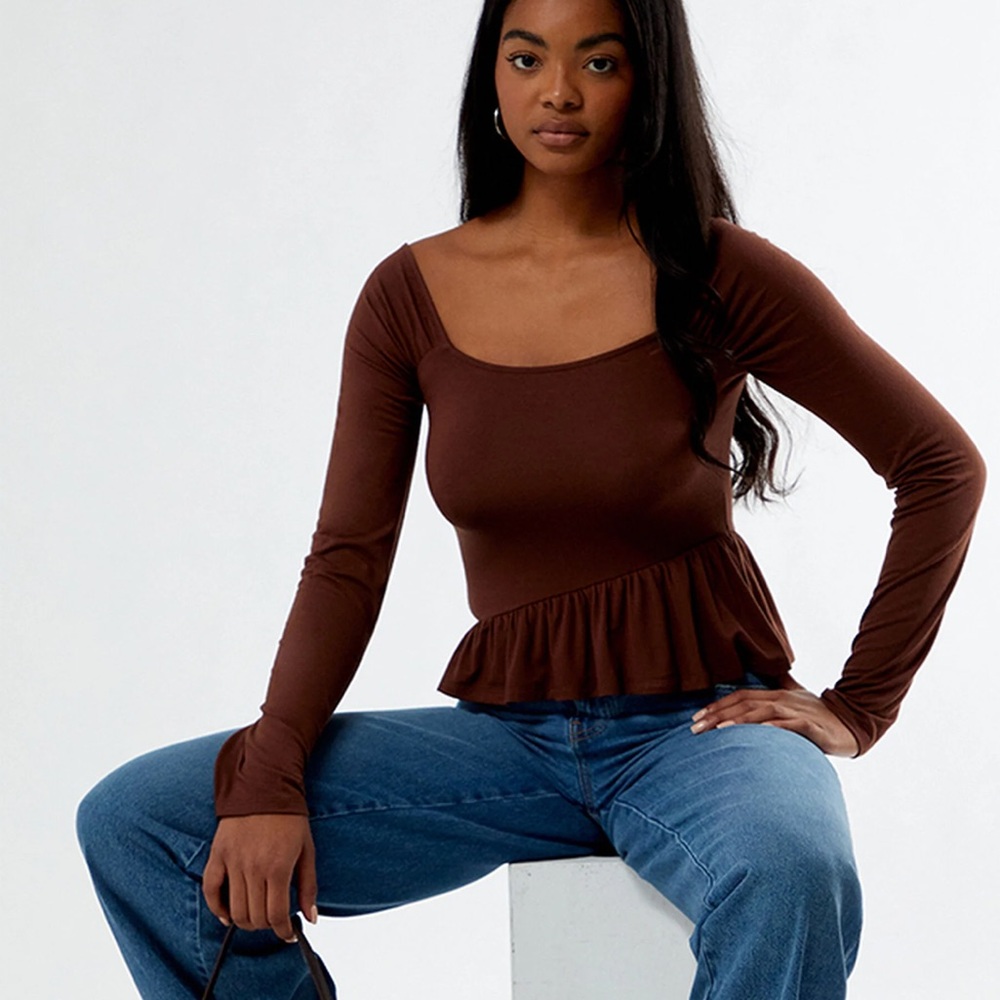 PacSun Brown Asymmetrical Long Sleeve Babydoll Top